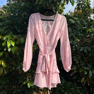 NWT Hello Molly pink chiffon dot print belted ruffle long sleeve mini dress
